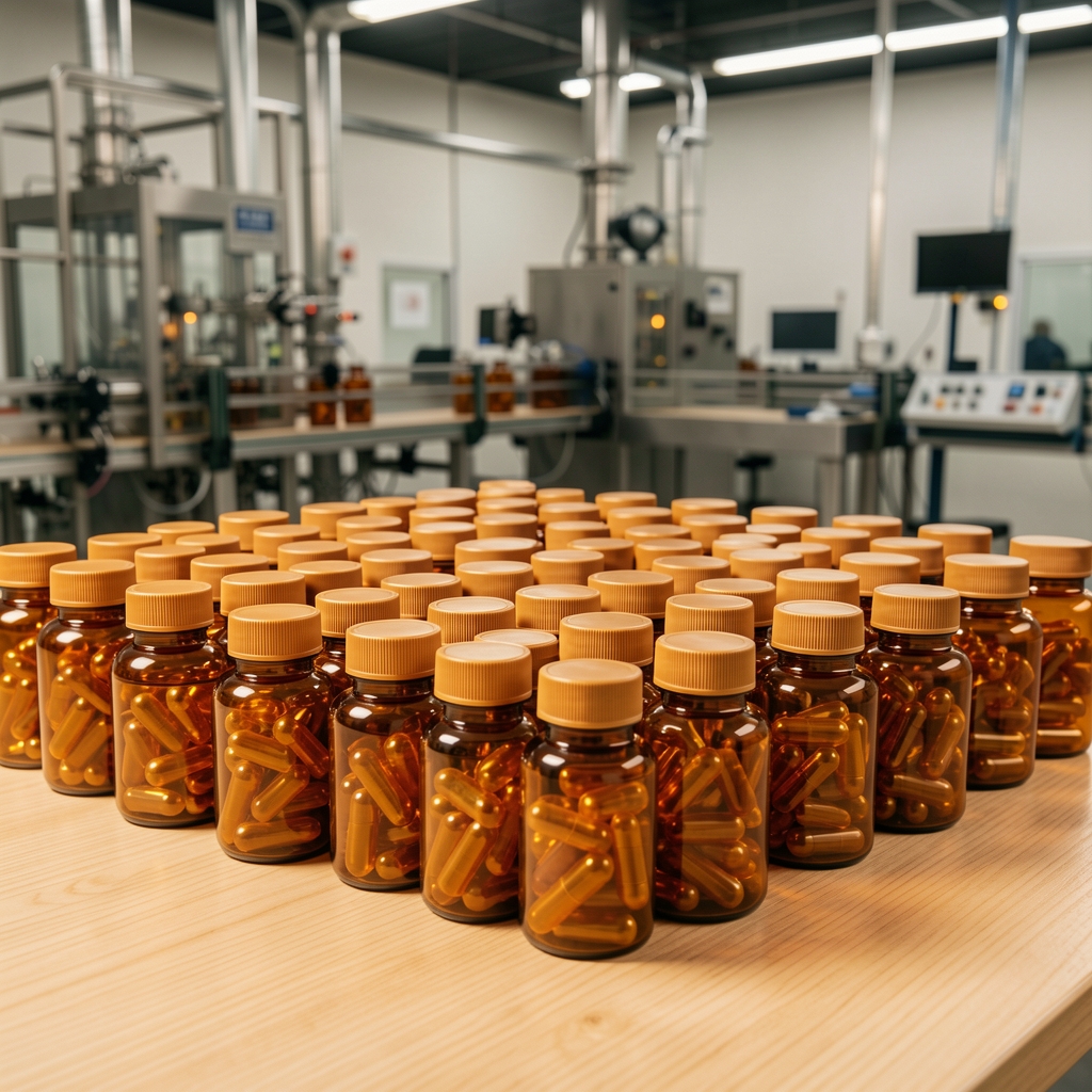 Rows of amber supplement capsule bottles arranged on a clean wooden surface in a Jakarta facility, under warm studio lighting