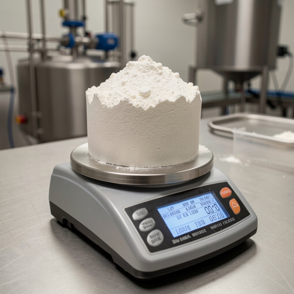 Close-up of bulk powder ingredient weighed on a precision scale in the Gantol Jakarta production workspace, under controlled studio lighting with lot code ticket visible