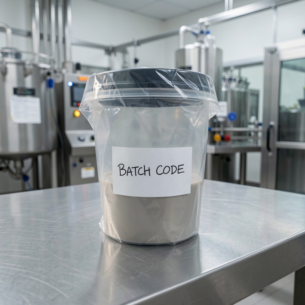 Sealed blending container with a handwritten batch code label resting on a stainless steel work surface in the Jakarta supplement production facility