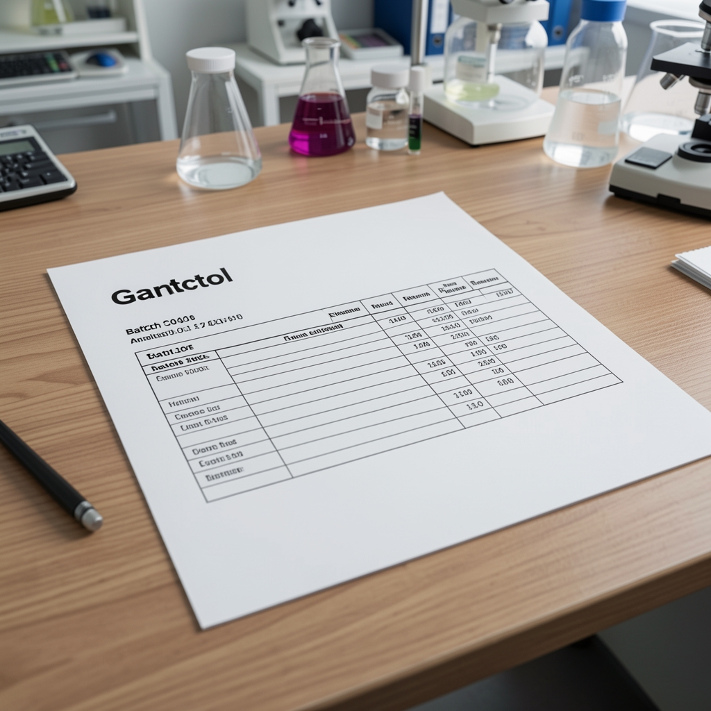 A printed laboratory certificate of analysis document laid flat on a wooden desk, with Gantol batch code visible and elemental test result columns, in a quality-control environment