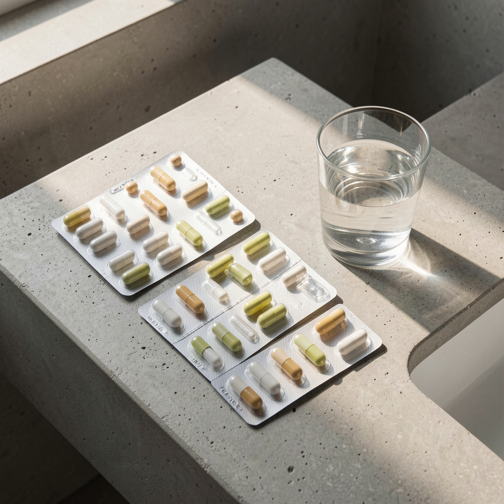 Flat lay of Gantol Daily Energy Formula capsule strips and a glass of water on a concrete bathroom countertop in morning light