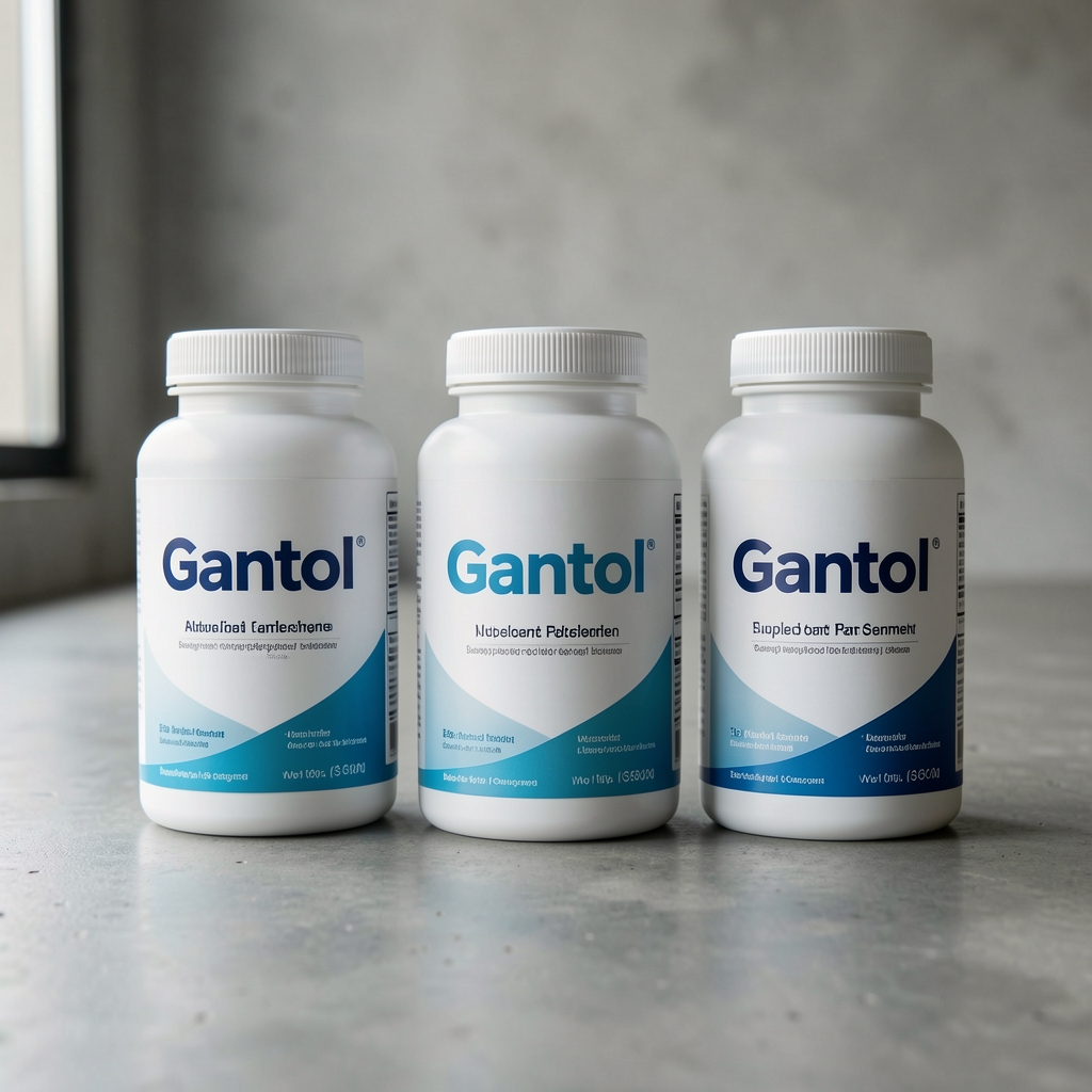 Row of three Gantol supplement bottles standing together on a polished concrete surface with natural side light, product labels facing forward