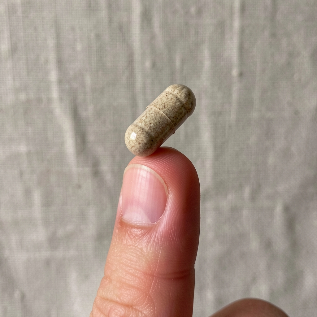 Close-up of a single Gantol capsule balanced on a fingertip with a neutral linen background, showing capsule shell colour and texture detail